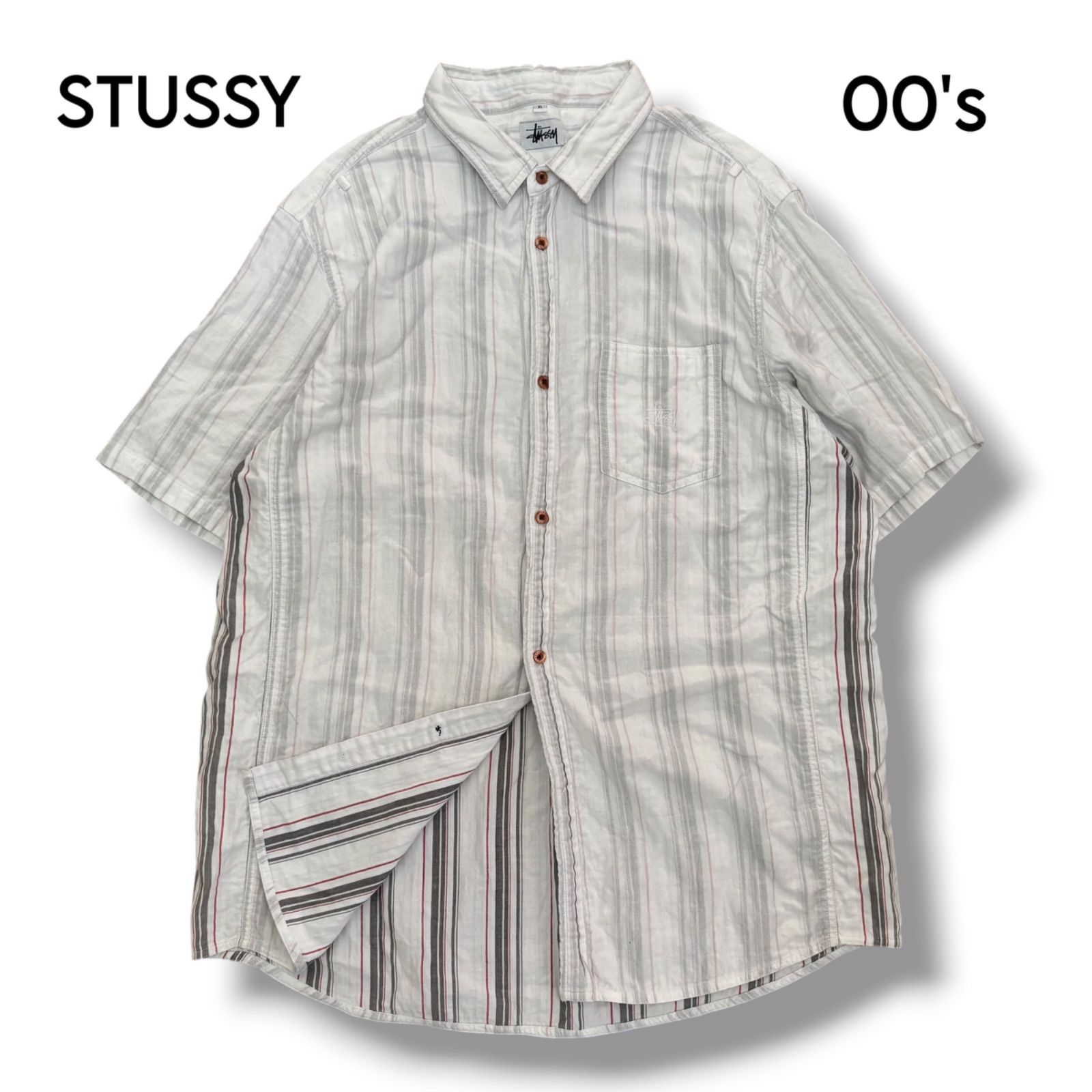 【STUSSY】00s インサイドアウト リバースストライプ半袖シャツ XL