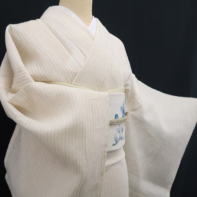 未着用・小千谷縮】麻 洗える夏着物 縦縞 仕付け糸付 トールサイズ