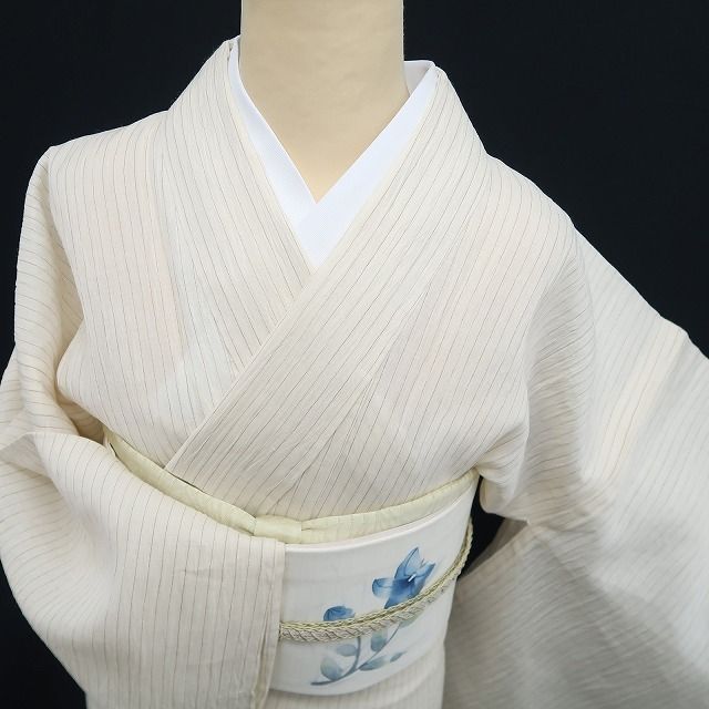 未着用・小千谷縮】麻 洗える夏着物 縦縞 仕付け糸付 トールサイズ