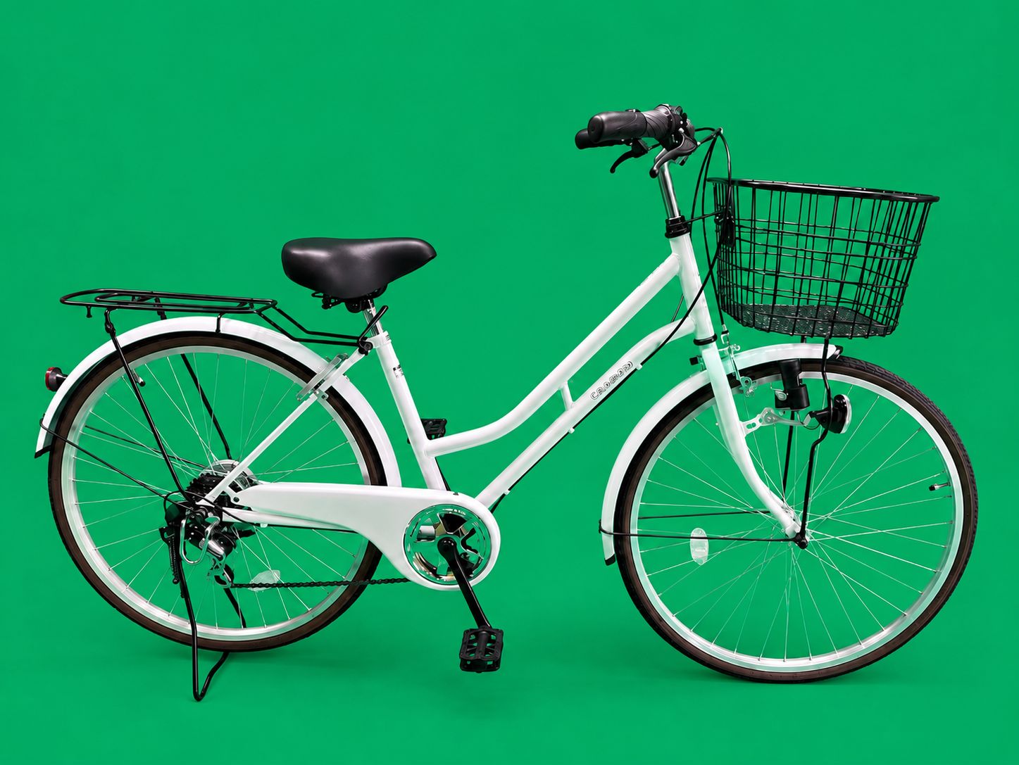 大阪府全域限定【新品】自転車 26インチ シティサイクル リアディレーラー シマノ6段変速 大容量のフロントバスケット 両立スタンド チェーンケース リアキャリア 通勤・通学・買い物に最適