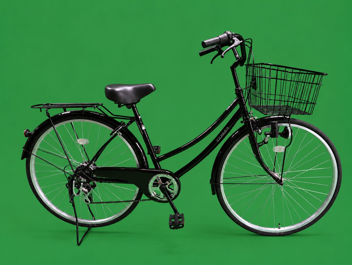 大阪府全域限定【新品】自転車 27インチ シティサイクル リアディレーラー シマノ6段変速 大容量のフロントバスケット 両立スタンド チェーンケース リアキャリア 通勤・通学・買い物に最適