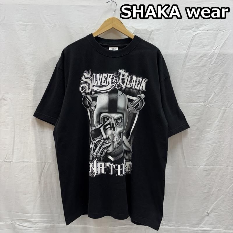 古着 SHAKA wear SILVER＆BLACK NATION スカル ロゴ プリント ビッグ