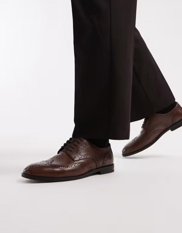エイソス メンズ シューズ ブーツ・レインブーツ ブローグ レース レザー ASOS DESIGN lace up brogue boots leather BROWN ブラウン