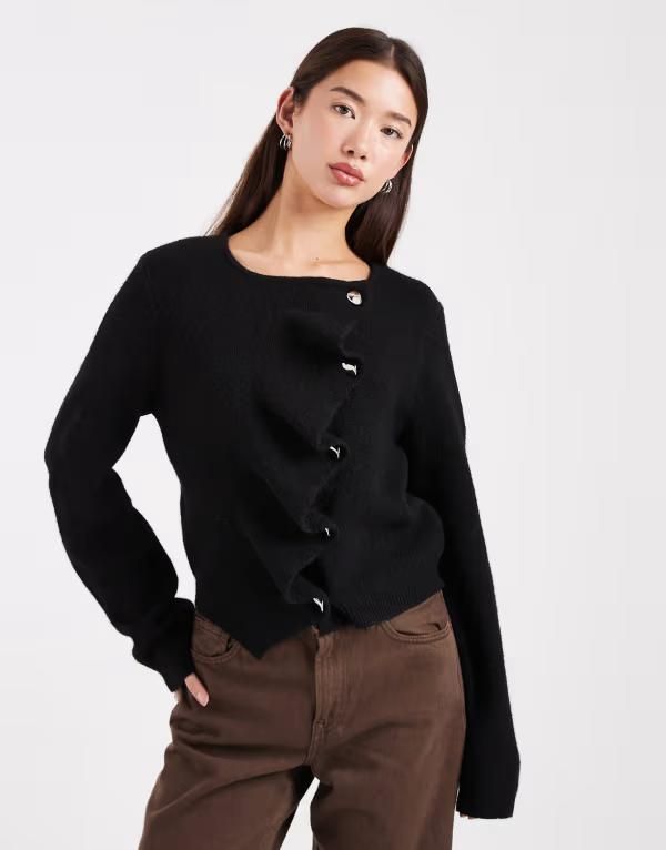 エイソス レディース アウター カーディガン フリル ASOS DESIGN ruffle placket cardigan Black ブラック
