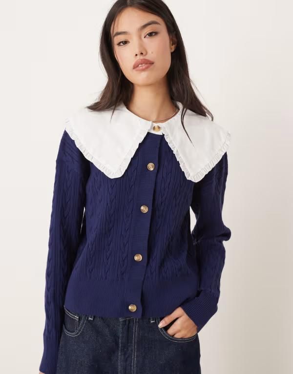 グラマラス レディース アウター カーディガン ニット Glamorous cable knit dramatic collar cardigan Navy white ホワイト