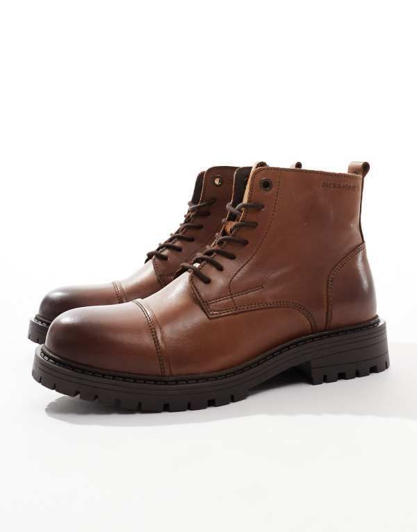 ジャック アンド ジョーンズ メンズ シューズ ブーツ・レインブーツ レース レザー Jack Jones chunky leather lace up boot Cognac ブラウン