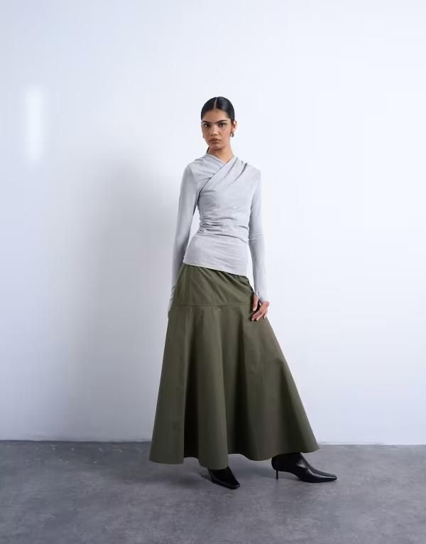 トップショップ レディース ボトムスカート マキシ Topshop drop waist full circle maxi skirt Khaki カーキ