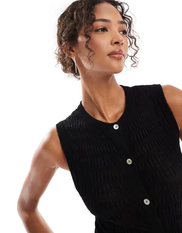 エイソス レディース アウター カーディガン ニット ASOS DESIGN knit shirred button up tank top Black ブラック