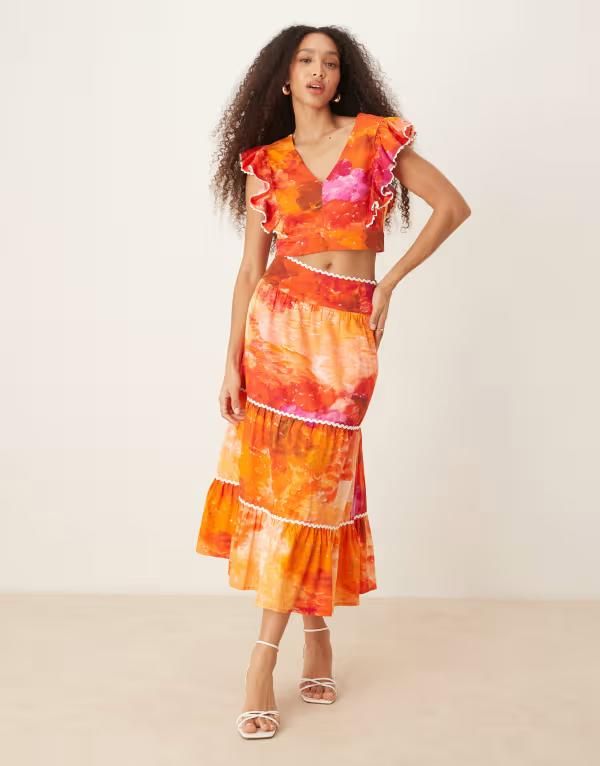 ホープ＆アイビー レディース ボトムス スカート ティアード プリント ミディ Hope Ivy scallop trim tiered midi skirt in orange print part