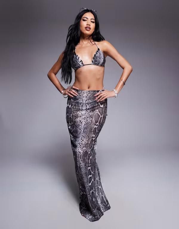 サウスビーチ レディース ボトムス スカート プリント メッシュ マキシ South Beach snake print mesh maxi beach skirt Gray グレー