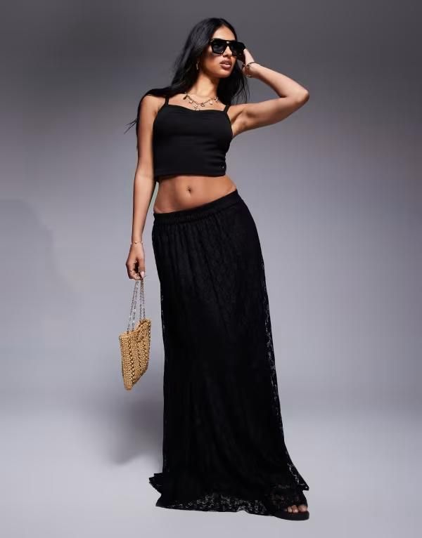エイソス レディース ボトムス スカート レース マキシ ASOS DESIGN full lace godet maxi skirt black ブラック