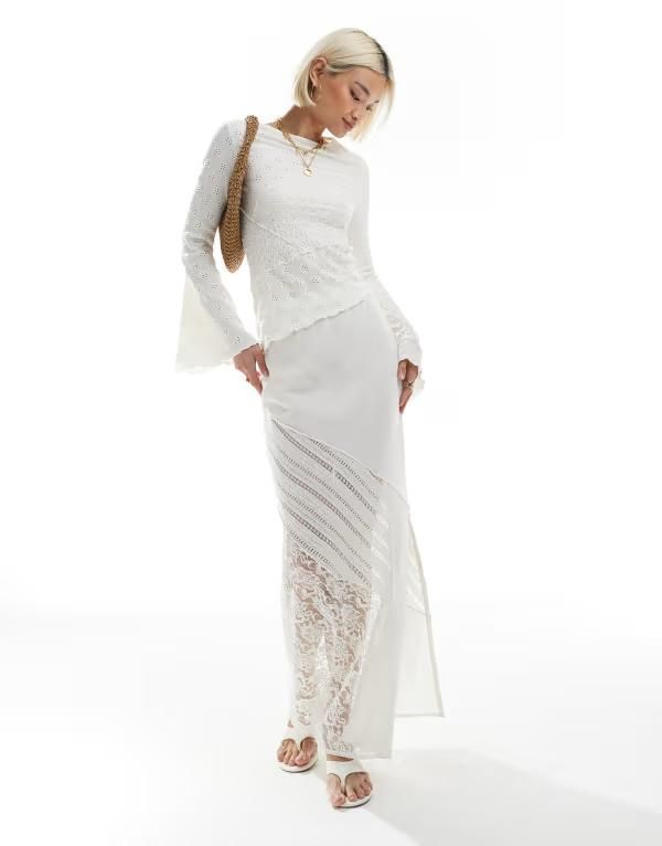 エイソス レディース ボトムス スカート パッチワーク レース リネン マキシ ASOS DESIGN linen look lace patchwork maxi skirt in cream cr