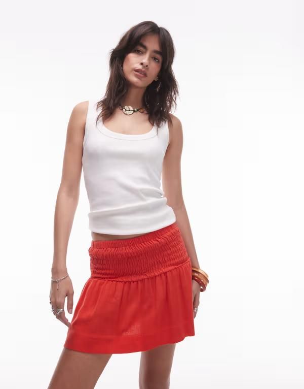 トップショップ レディース ボトムス スカート ギャザー ミニ リネン Topshop linen mini skirt with ruched sides RED レッド