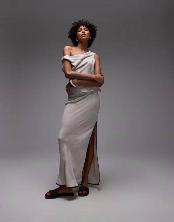 トップショップ レディース ボトムス スカート リネン マキシ Topshop linen bias cut maxi skirt in natural with black piping NATUR