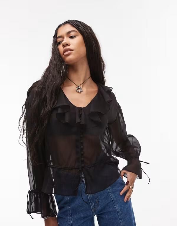 トップショップ レディース トップス タンクトップ フリル シアー Topshop sheer ruffle tie front top Black ブラック
