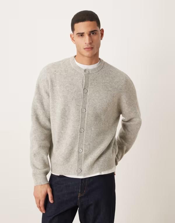 エイソス メンズ アウター カーディガン クルーネック ウール ニット ASOS DESIGN oversized knit fisherman rib wool blend crew neck ca