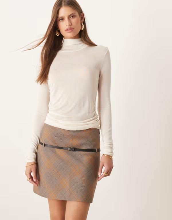 マンゴ レディース ボトムス スカート ミニ Mango belted mini skirt plaid BROWN ブラウン