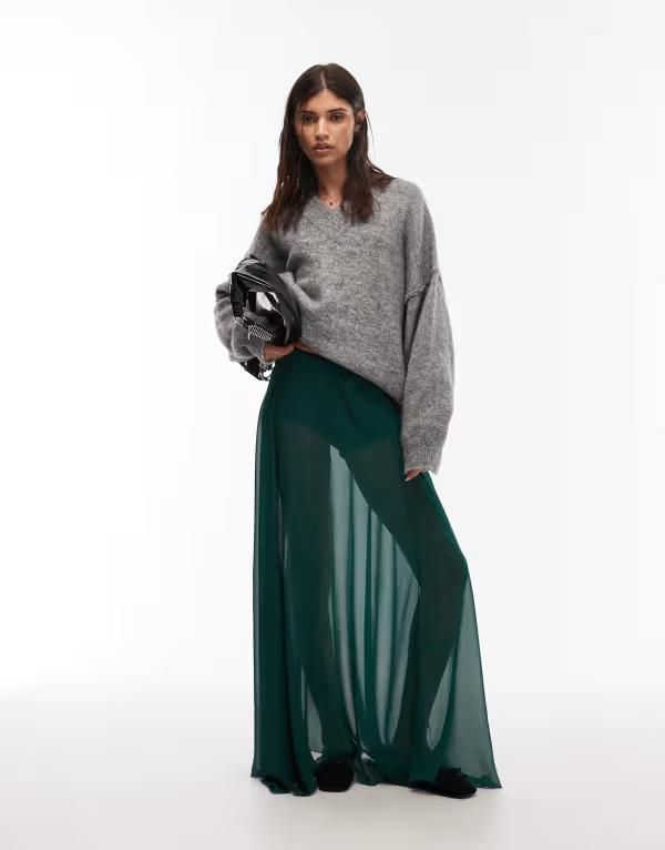 エイソス レディース ボトムス スカート シフォン マキシ ASOS DESIGN chiffon volume maxi skirt in dark Dark green グリーン