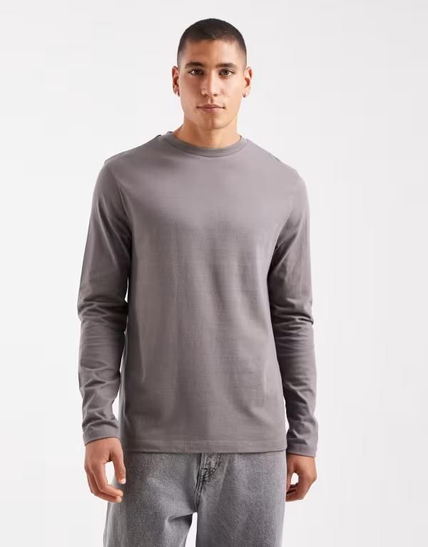 エイソス メンズ トップス Tシャツ クルーネック ASOS DESIGN essentials crew neck long sleeve Tshirt in charcoal Volcanic G