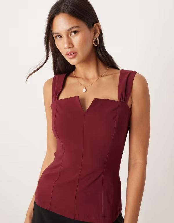 エイソス レディース トップス タンクトップ ASOS DESIGN bengaline square neck top with longline straps Burgundy バーガンディ