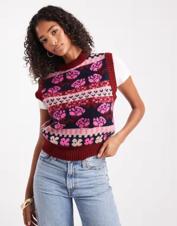 エイソス レディース トップス タンクトップ フラワー柄 ニット フラワー ASOS DESIGN knit tank in floral pattern Red Floral レッド