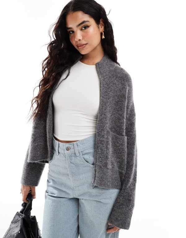 セレクティッド レディース アウター カーディガン Selected Femme zip up alpaca blend fluffy cardigan with pockets Gray グレー
