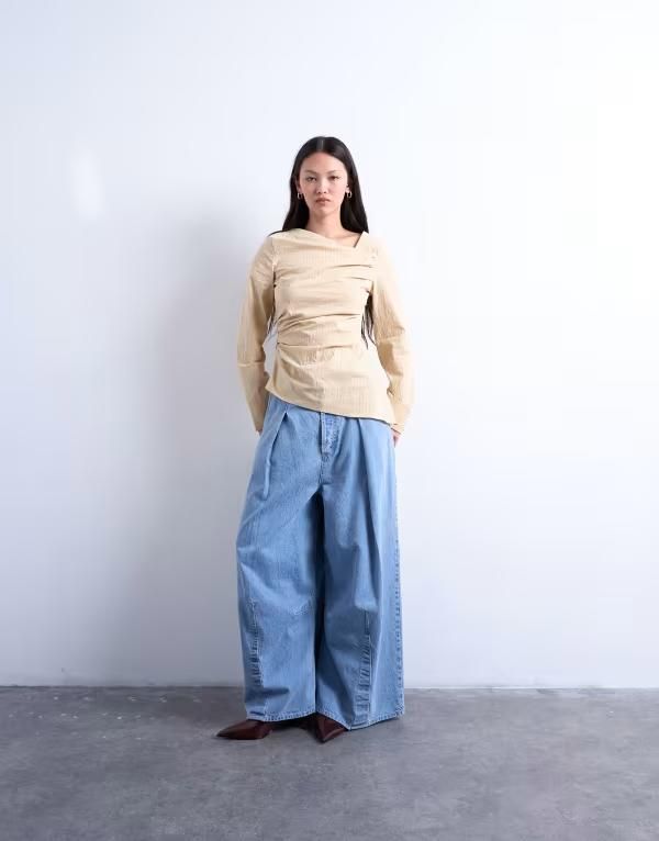 トップショップ レディース トップス タンクトップ ドレープ Topshop draped neck long sleeve top in yellow stripe YELLOW イエロー