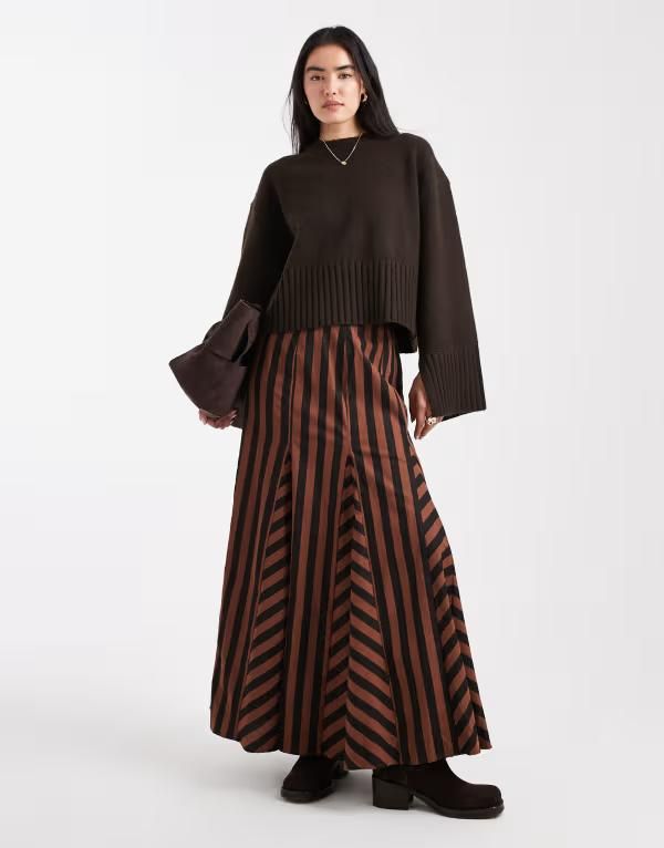 エイソス レディース ボトムスカート マキシ ASOS DESIGN mixed stripes godet maxi skirt and Black and brown ブラック