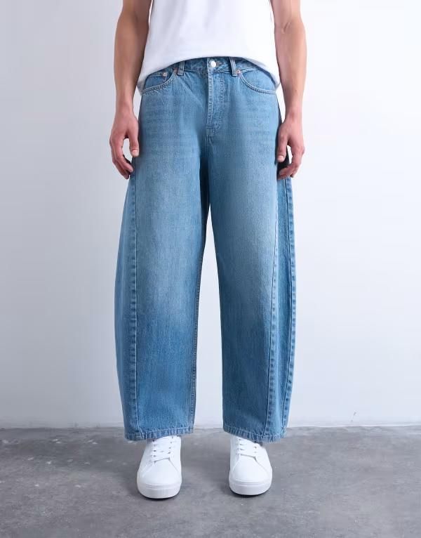トップマン メンズ ボトムス デニムパンツ ジーンズ Topman rigid barrel jeans in mid wash Mid wash blue ブルー