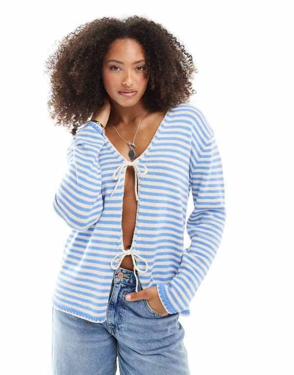 エイソス レディース アウター カーディガン Vネック ニット ASOS DESIGN v neck knitted oversized tie front cardigan stripe Multi