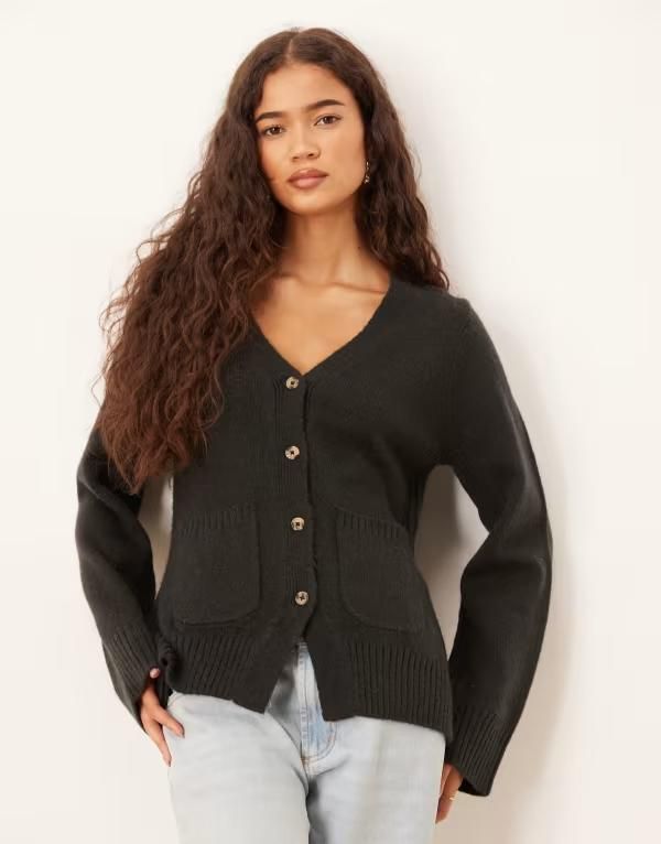 エイソス レディース アウター カーディガン A ライン ASOS DESIGN a line boyfriend cardigan with pocket detail Black ブラック
