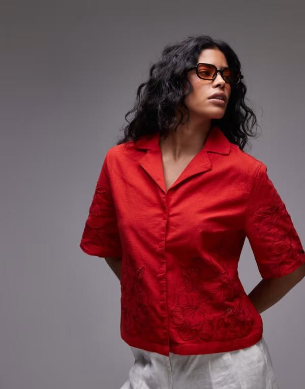 トップショップ レディース トップス タンクトップ シャツ Topshop cutwork crop shirt part of a set RED レッド