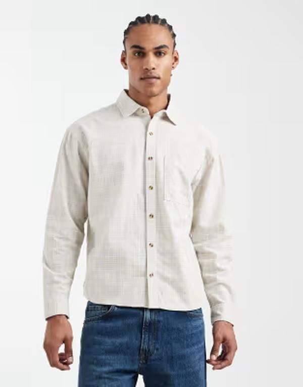 コットンオン メンズ トップス シャツ Cotton Remi long sleeve shirt in stone textured plaid STONE ストーン