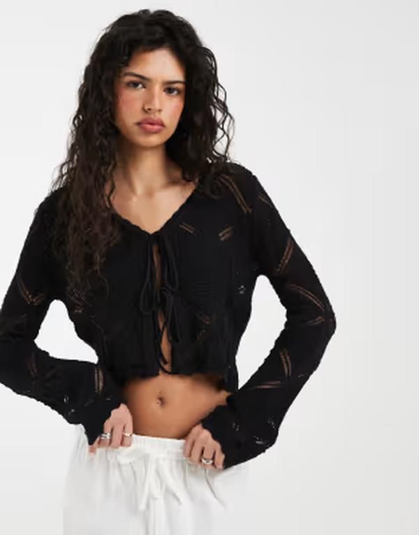 ヴェロモーダ レディース アウター カーディガン Vero Moda tie front patterned crochet cardigan Black ブラック