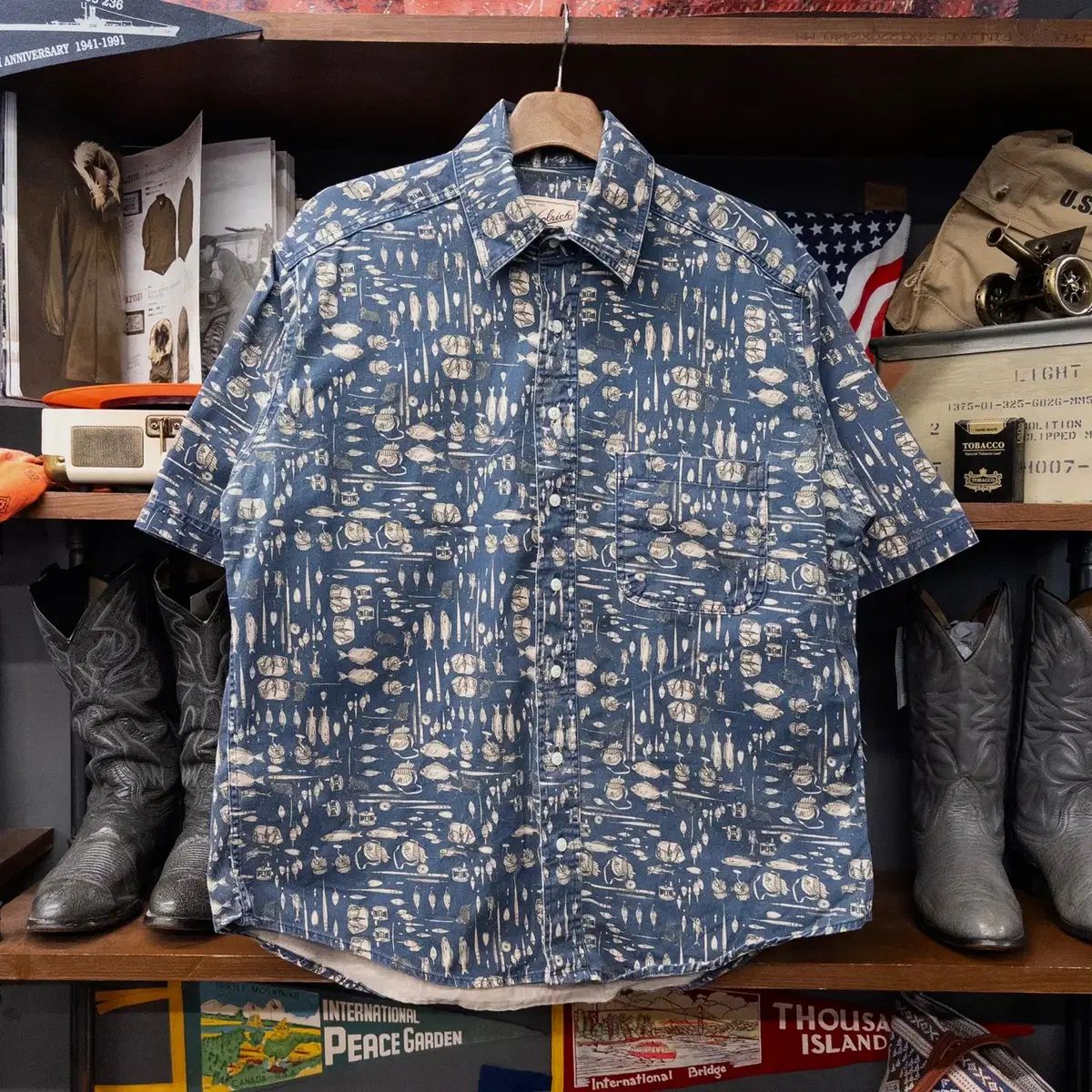 90s WOOLRICH オーバーサイズ ヘビーコットン フィッシング モチーフ プリンティング 半袖 シャツ N1745