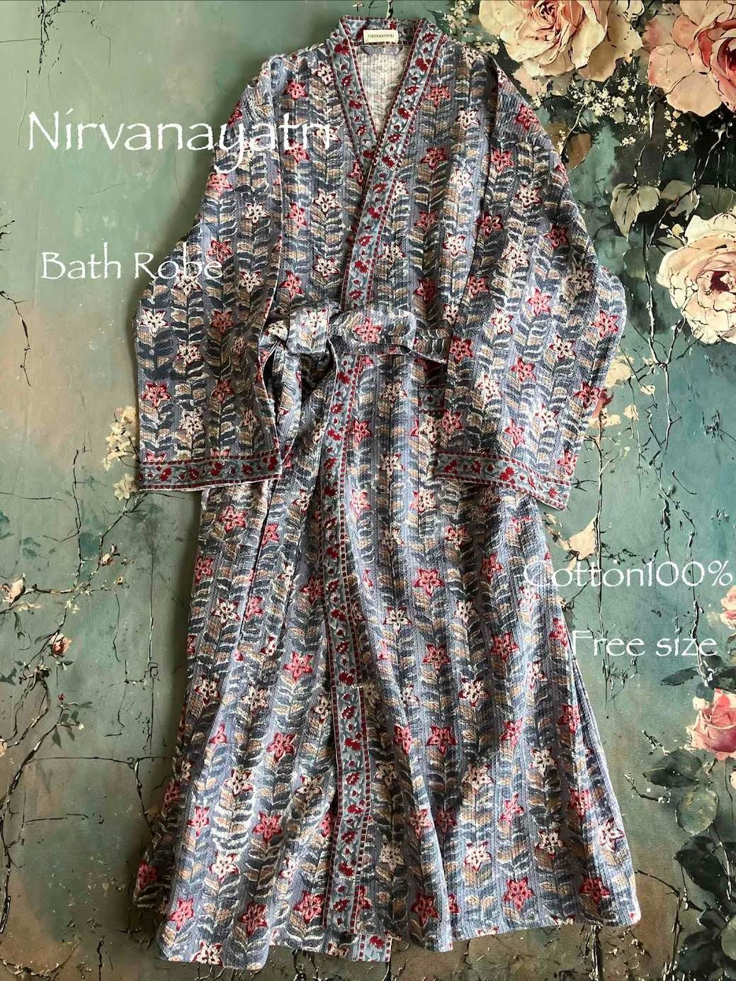 Nirvanayatri ハンドブロックプリント　ワッフルコットン　バスローブ　#2 PURPLE