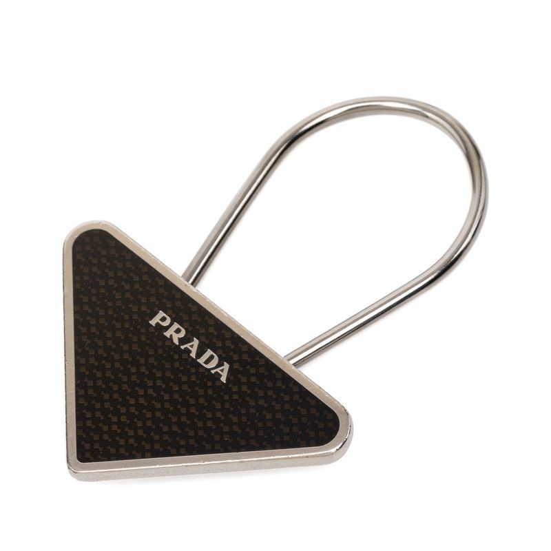 プラダ 三角ロゴプレート バッグチャーム キーホルダー シルバー ブラウン メタル レディース PRADA【1-0276244】