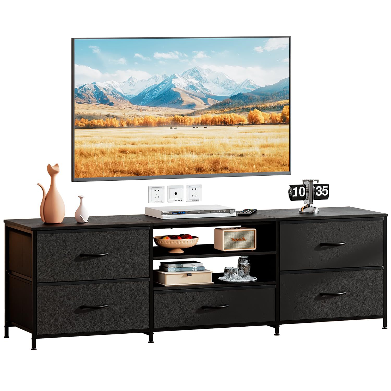 140*30*50cm リビング向け 高耐荷重 (オールブラック) 耐磨 防水 5引出し付き 32-65型対応 大容量収納スペース 木製 ナチュラル ワイド ロータイプ tv台 tvボード テレビボード ローボード テレビ台