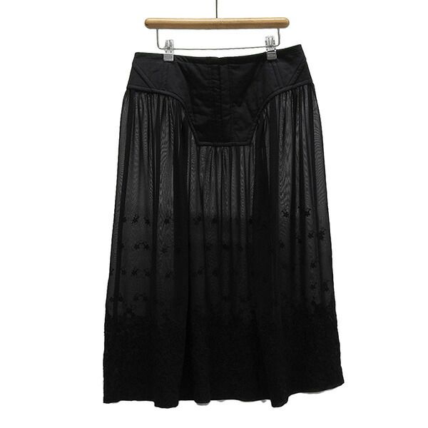 COMME des GARCONS コムデギャルソン 2001AW GC-S056 AD2001 サイズM 花柄刺繍 異素材 シアー 切り替え ロング スカート レディース ブラック ECO0123 【中古】