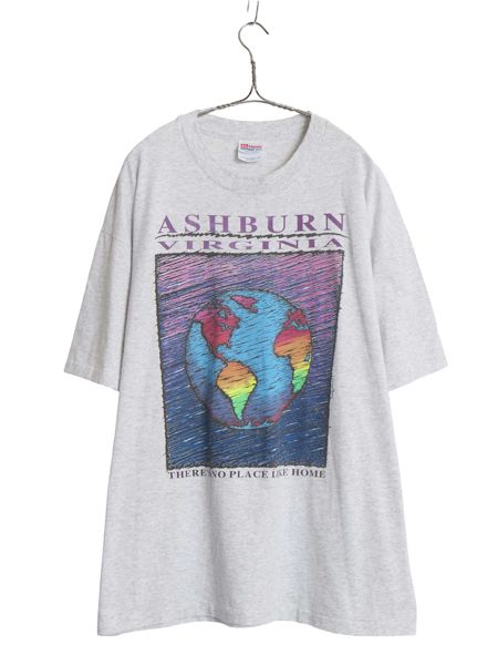 90s USA製 アート メッセージ イラスト プリント Tシャツ メンズ XL オールド グラフィック シングルステッチ 地球 大きいサイズ 霜降り 灰