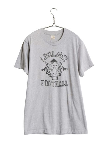 80s USA製 3段 プリント 半袖 Tシャツ メンズ L 古着 ヴィンテージ カレッジ タイガー フットボール シングルステッチ イラスト 霜降り 灰