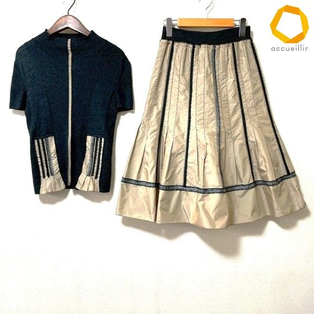 #snc ヒロコビス HIROKOBIS セットアップ 9 ダークグレー ベージュ ニット 半袖 異素材 ステッチ ペチコート付 美品 レディース [1013646]