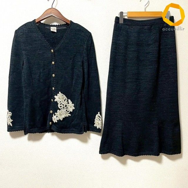 #anc ソワレドヒロミ SOIREEDEHIROMI セットアップ ツーピース M 黒 ニット シルク混 花刺繍 金ボタン レディース [1014063]