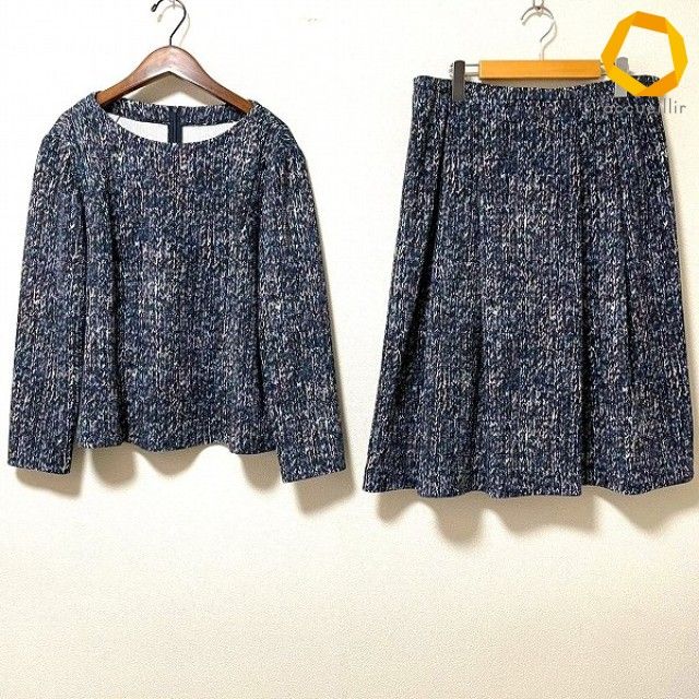 #anc レリアン Leilian セットアップ 13 黒 青系 ツーピース 総柄 丸首 大きいサイズ 美品 レディース [1015413]