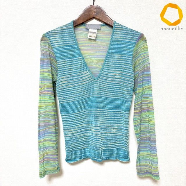 #anc ミッソーニ MISSONI カットソー 42 水色 マルチ ニット パワーネット 異素材 切替 ボーダー Vネック イタリア製 レディース [997300]