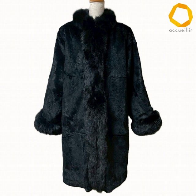 #wnc セントジョン St.JOHN COATS コート L 黒 リバーシブル シルク フォックス ラビット 美品 レディース [1010950]