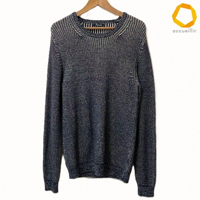 #anc パパス プラス Papas+ ニット・セーター M 紺 白 麻混 丸首 シンプル 美品 メンズ [947086]