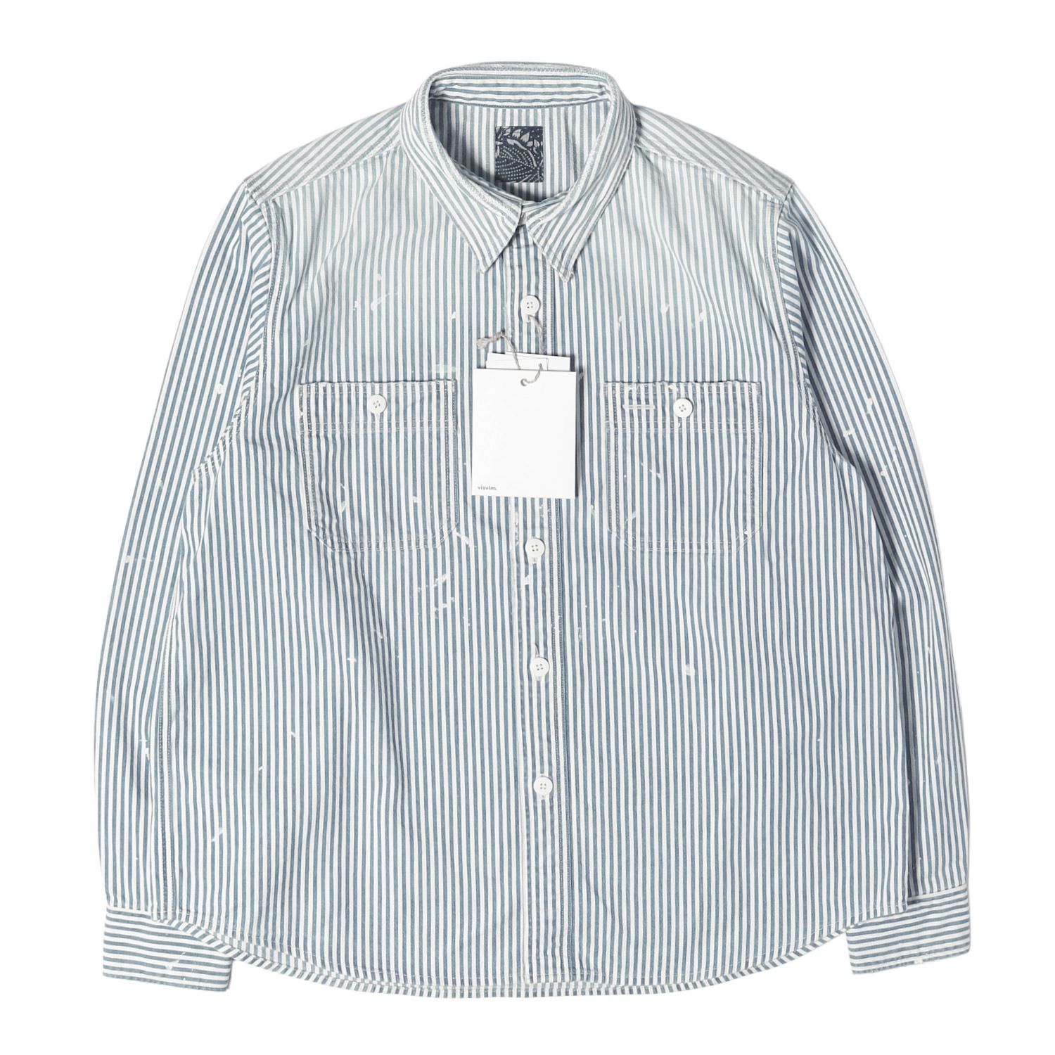【新品】visvim ビズビム シャツ インディゴ ホワイト サイズ:1 26SS I.C.T ペンキ加工 ヒッコリー ワークシャツ LARRIKAN HICKORY L/S CRASH トップス カジュアルシャツ 長袖 日本製 【メンズ】