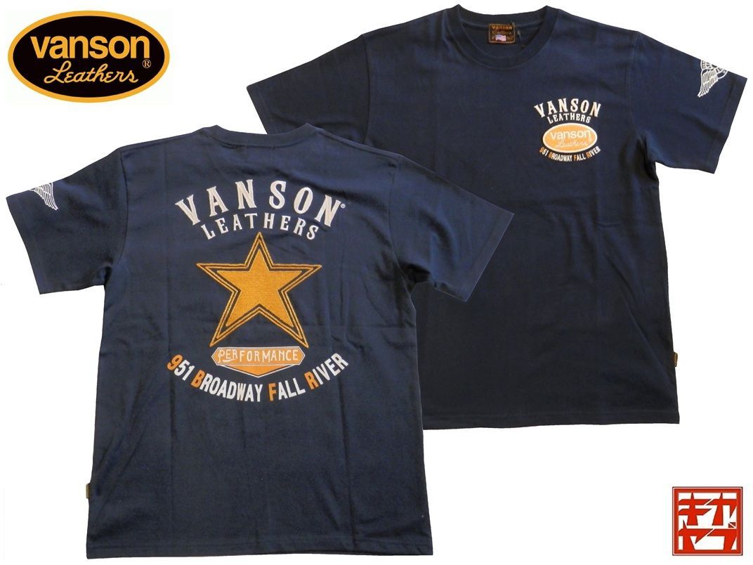 バンソン／vanson／XXLサイズ／半袖Ｔシャツ／NVST-004／ネイビー／新品／送料無料／バイカー／刺繍／ワンスター／天竺