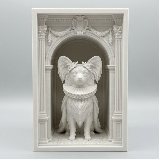 犬（パピヨン）の3Dプリント ブックヌーク 白PLA 本棚インテリア